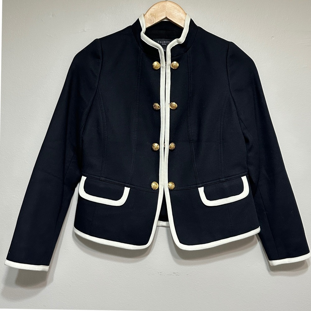 Talbots Military Peplum Jacket Womens 2P Black Gold Button Cotton Classic Preppy